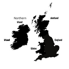 Vector isolated the UK map of Great Britain and Northern Ireland. Silhouette map of Scotland, England, Wales, Northern Ireland, Ireland. The United Kingdom map with names of countries.