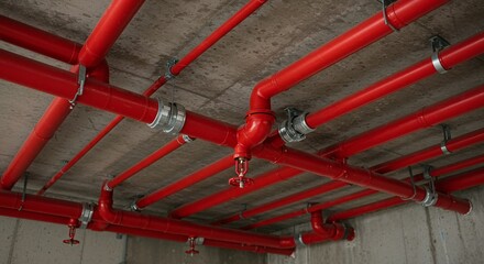 A network of vibrant red fire suppression pipes and sprinkler heads installed on a concrete ceiling, showcasing a vital safety system.