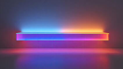 A minimalist rectangular shelf, seemingly made of translucent material, is illuminated from behind by vibrant blue and orange neon lights, casting colorful reflections on the floor.