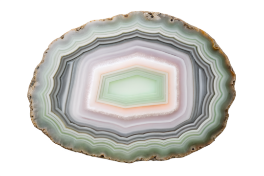 A polished slice of natural agate geode showcasing green, pink, and gray concentric bands with a crystalline core, isolated on a white background. - Powered by Adobe