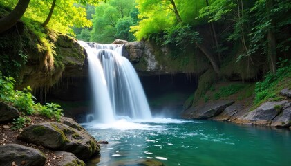 Serene waterfall cascading down mossy rocks, sunlit summer foliage surrounds the refreshing scene Perfect for travel, nature, and relaxation themes , relaxation, leaves