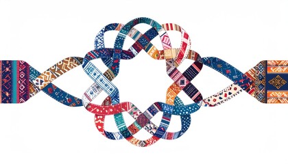 Colorful woven ribbons intertwine in a symmetrical design on white.