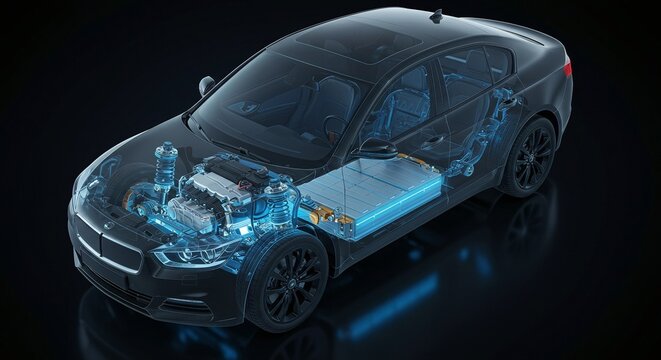 Electric Vehicle Anatomy: A cutaway view showing the powertrain, battery pack, and suspension system of a modern electric sedan.