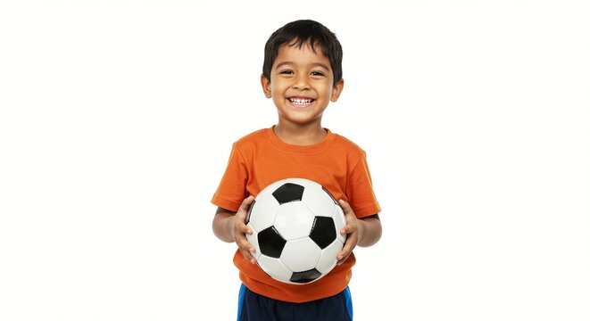 Happy young boy smiles, holding a soccer ball wearing an orange shirt and blue shorts, isolated against a bright white backdrop.