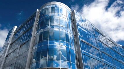 Modern glass office building under a partly cloudy sky.