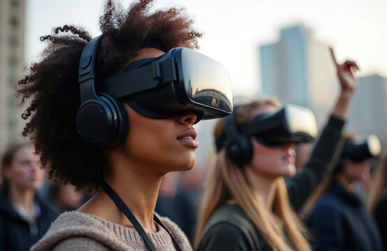 People engage in virtual reality protest for social justice awareness using VR headsets. Crowd participates in digital demonstration for equality, empowerment, change. Focus on activism, youth