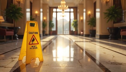 Yellow wet floor caution sign placed in elegant hotel lobby with polished marble floors reflecting sunlight. Safety warning for clean, shiny, possibly recently mopped surfaces in spacious, well-lit