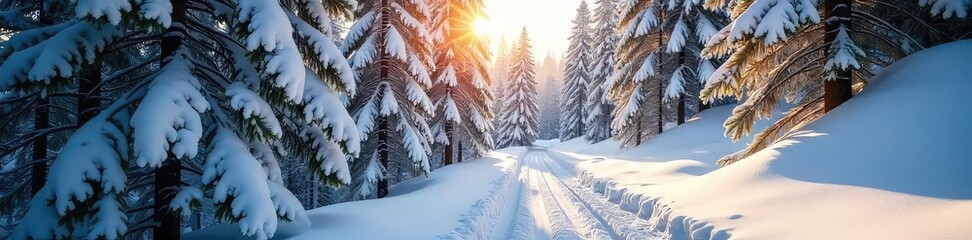 Tranquil Ski Adventure Sunlit Snow-Covered Forest Trail Beckons Winter Escape