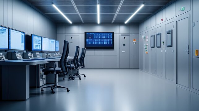Modern Digital Control Room with Monitors and Workstations for Operations