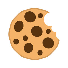 Fototapeta premium Bitten chocolate chip cookie icon. Delicious biscuit in flat style. Dessert bite with crumbs and chocolate sweetness. Cookie symbol. Simple vector illustration isolated on white background.