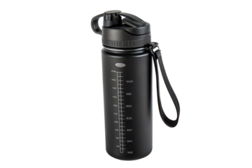 Black Sports Water Bottle with Measurement Markings and Convenient Carrying Strap for Hydration On-the-Go