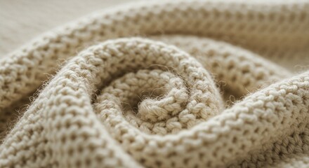 Obraz premium Close-up of soft, textured cream-colored knitted fabric, spiraling inward to create a cozy and inviting aesthetic.