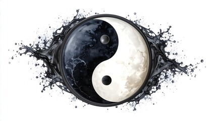A yin and yang symbol is surrounded by dynamic water splashes, creating a powerful visual representation of balance and harmony.