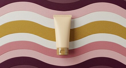 Elegant tube on colorful, wavy backdrop conveys skincare, beauty, personal care, or cosmetic essence, with a calming visual aesthetic.