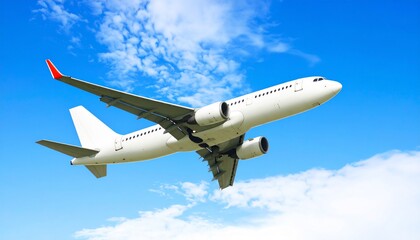 White Airplane Flying Through Vibrant Blue Sky with Puffy Clouds
