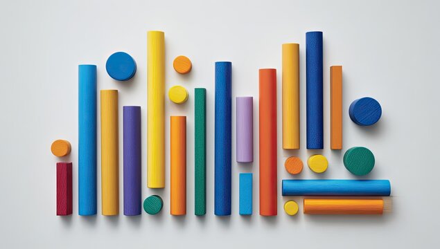 Colorful cylindrical blocks arranged as an abstract bar graph on a white background, varying in height and color