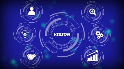 Business vision concept with icons for people ideas growth gears and handshake strategy planning