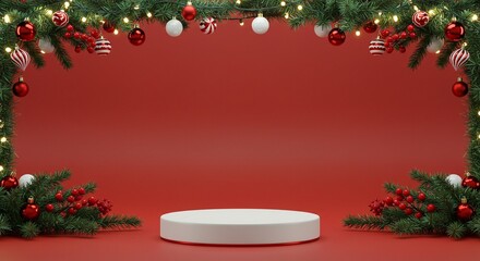 Festive showcase with a round podium against a red backdrop framed by Christmas ornaments and lit garland, creating a cozy and inviting scene.