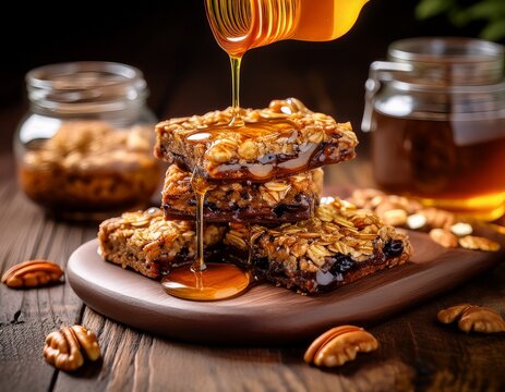 honey drizzled over freshly baked crips dark brown granola bars served on a rustic wooden table