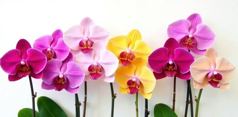 Stunning array of colorful phalaenopsis orchids against a pure white background, nature, orchid
