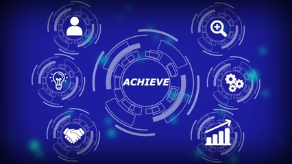 Digital infographic with icons for achievement and business growth on blue background technology