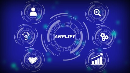 Digital infographic with amplify text and icons for business growth and ideas innovation