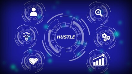 Digital infographic with icons for hustle business growth and teamwork on blue background idea