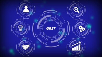 Digital concept graphic with the word G R I T in the center surrounded by icons for people ideas gears growth and handshake on a blue background