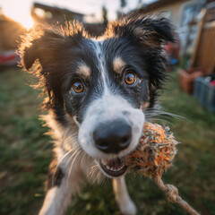 Joyful Dog Tugging Toy in Vibrant Backyard