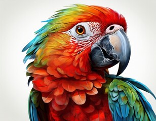 Fototapeta premium a vibrant parrot with a bright plumage stands perched against a stark white background creating a striking contrast