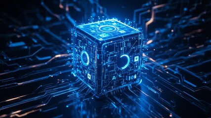 Futuristic cube glowing circuit abstract digital technology blue light innovation 3D render modern network data artificial intelligence high tech . 4k video - Powered by Adobe