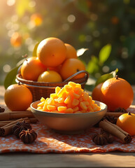 Naklejka premium Fresh Citrus Fruits with Cinnamon Bundles and Star Anise on Rustic Table