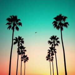 Obraz premium Palm Trees at Sunset, Stylized sunset view of tall palm trees silhouetted against a colorful gradient sky