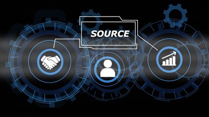 Digital gears with handshake person and growth chart icons labeled S O U R C E technology business