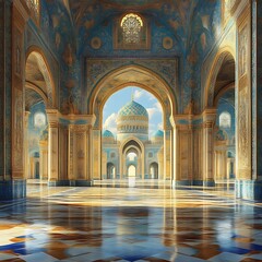 A grand mosque interior, showcasing intricate tilework and arches.