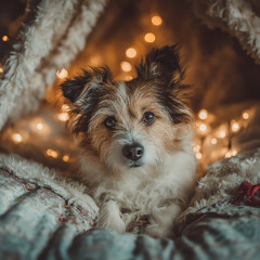 Cozy Dog in Blanket Fort with Christmas Cheer