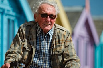 Calm Senior Man cycling on beach in colorful beach houses