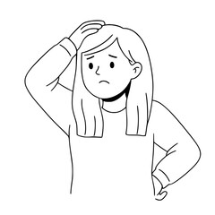 Obraz premium Young woman with worried expression, hand on head line art 