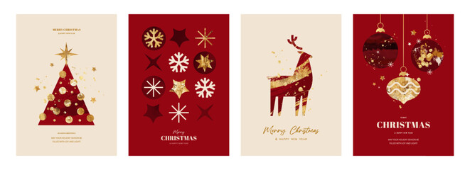 Set of modern Christmas card designs featuring an abstract tree, snowflakes, a reindeer, and festive baubles. Created with gold foil and red watercolor textures for a contemporary holiday season