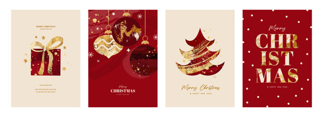 Collection of graphic holiday card designs with a wrapped present, abstract Christmas tree, hanging baubles, and festive typography. Utilizing gold foil textures and a modern red color palette for