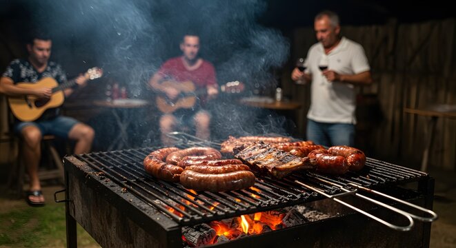 "Traditional Uruguayan Asado on outdoor parrilla with friends playing guitar and drinking wine"