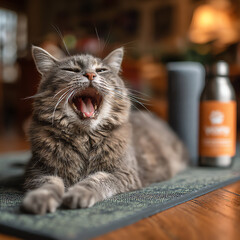Cat Stretching on Yoga Mat