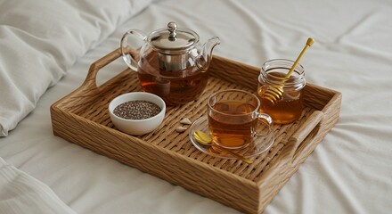 Cozy in-bed tea service: a glass teapot, cup, honey jar with dipper, and bowl of seeds sit on a woven tray over crisp white linens.
