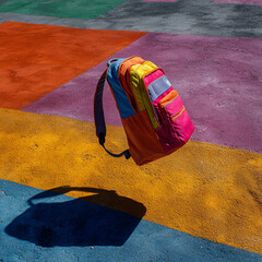 Playful Backpack Toss on Colorful Schoolyard