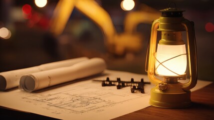 Architectural blueprints and drafting tools on a wooden desk, evoking a professional construction workspace.