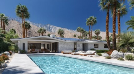 Fototapeta premium Modern House with Pool and Palm Trees in Desert Setting