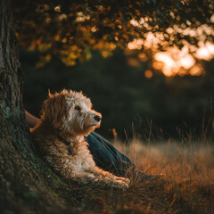 Intimate Moment Between Dog and Human Under a Tree