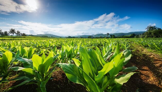 turmeric plants in a lush field under the blue sky - Powered by Adobe
