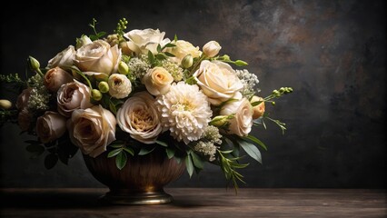 Luxurious and refined floral arrangement with dark background and cream-colored blooms, creating a sense of sophistication and elegance in any setting , refined, sophisticated