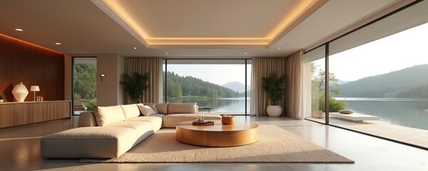 Modern minimalist living room showcases beige sectional sofa, wooden coffee table, rug. Large window offers serene lake view. Wood paneling, ambient lighting enhance spacious, tranquil atmosphere.
